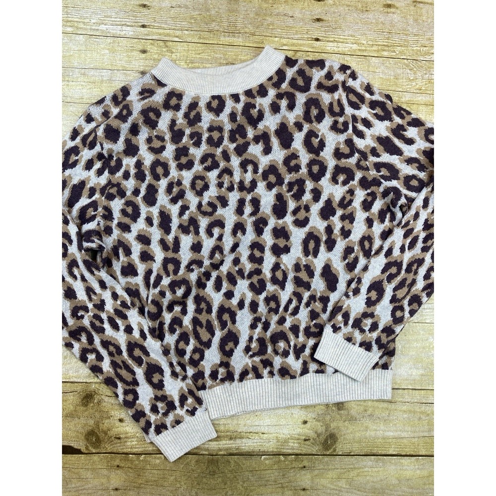 Leopard Print Crewneck Knit Sweater Tan Brown Ribbed Trim Long Sleeve
